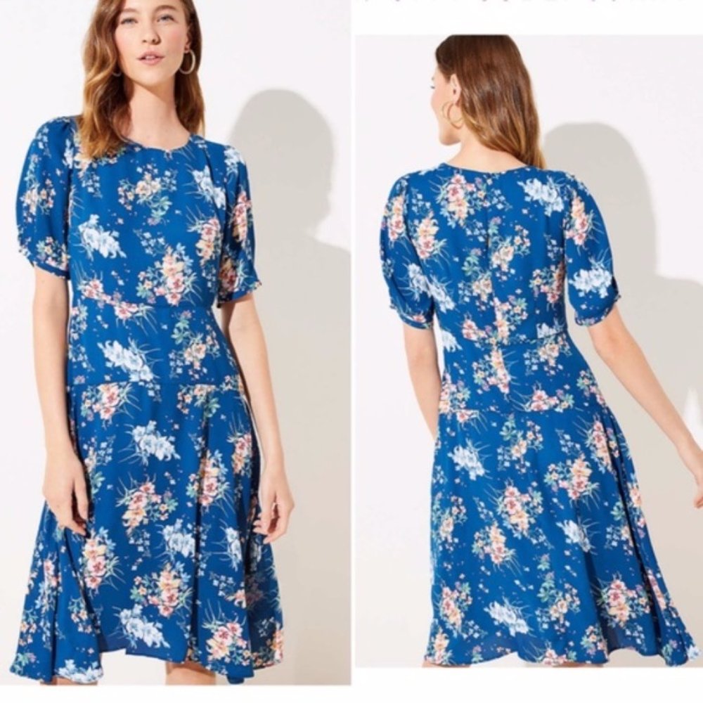 LOFT Blue Floral Midi Puff Sleeve Spring Dress